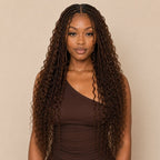 Model wearing color 4 medium brown deep wave bulk human braiding hair