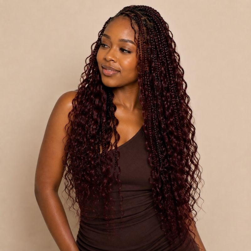 Model wearing color 99J burgundy deep wave bulk human braiding hair