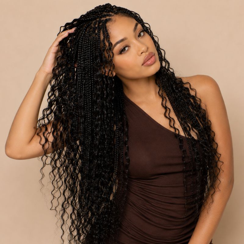 Full length of crochet boho braids with deep wave human hair ends on model