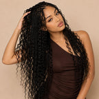 Full-length view of crochet boho braids with curly ends on a model