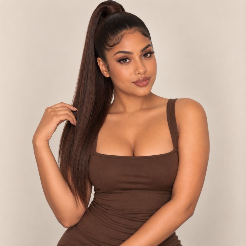 Model wearing a dark brown ponytail extension, shown from another angle