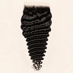 Deep wave 7x7 HD lace closure in natural black, laid flat showing the full hair length