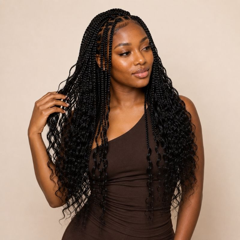 Full length of natural black deep wave human braiding hair styled on model