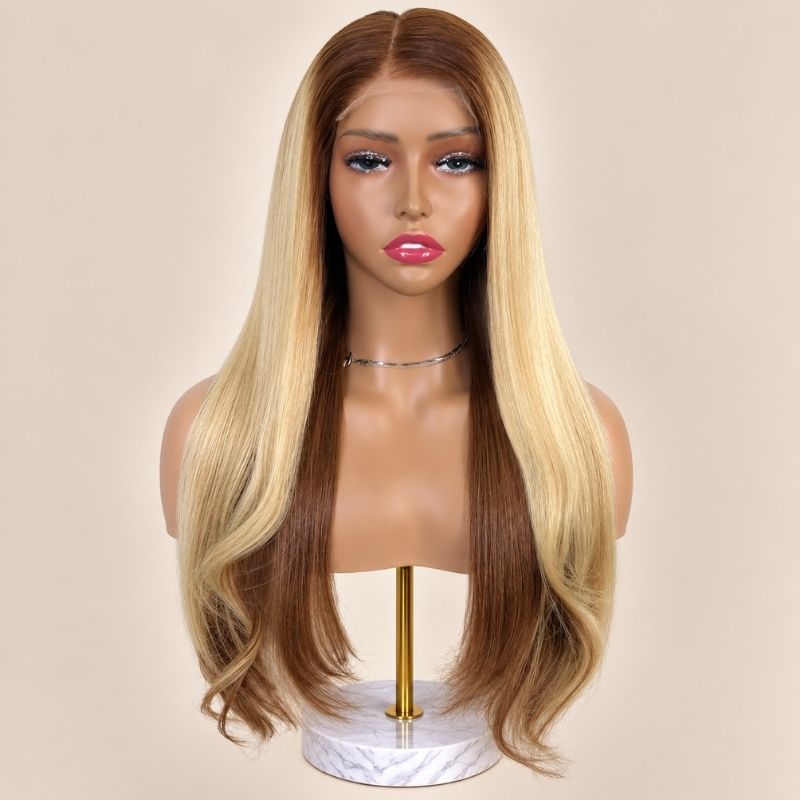 The Driftwood glueless 5x5 HD closure wig on a stand, showing the HD lace parting