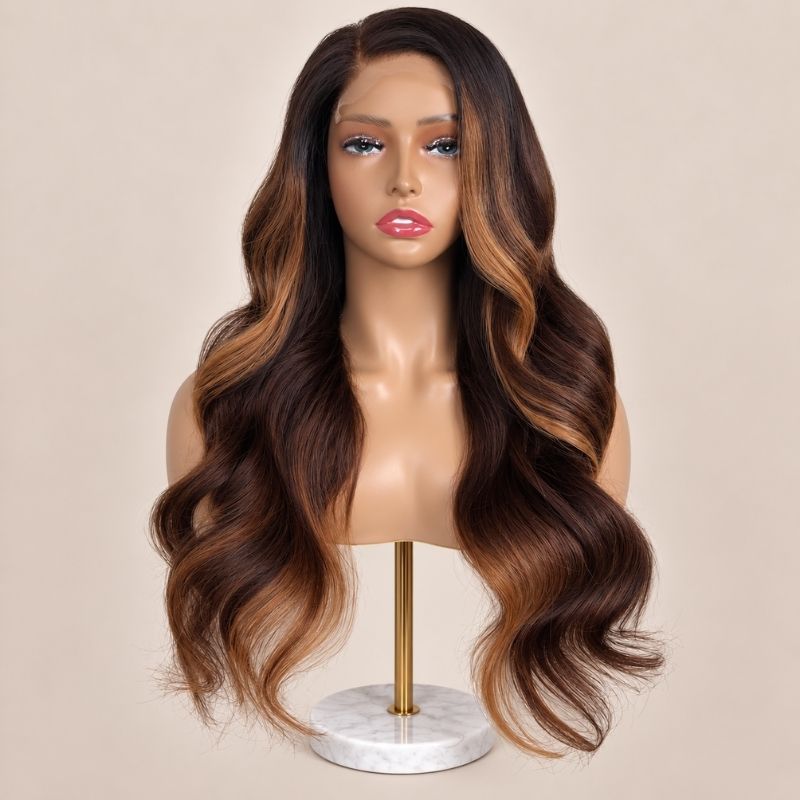 The Dulce glueless 5x5 HD closure wig on a stand, showing the HD lace parting