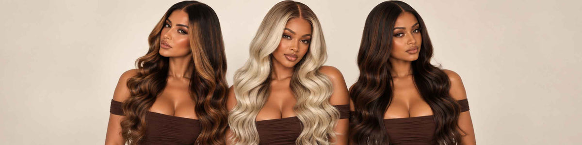 Three models wearing glueless wigs in dark brown, honey blonde and black
