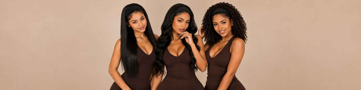 Three women posing together wearing matching sleeveless dark brown dresses against a solid beige studio background.