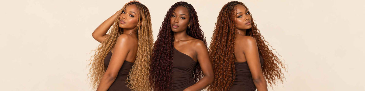 Three models with long, curly, and wavy hair extensions wearing dark brown strapless dresses, posed against a solid light beige background.
