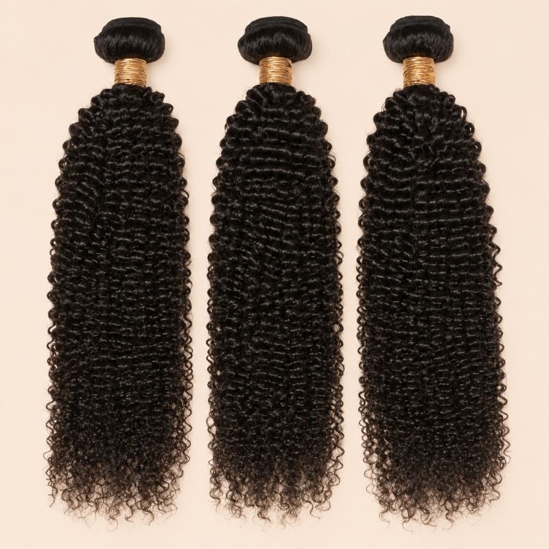 Three Jerry curl human hair bundles standing side by side