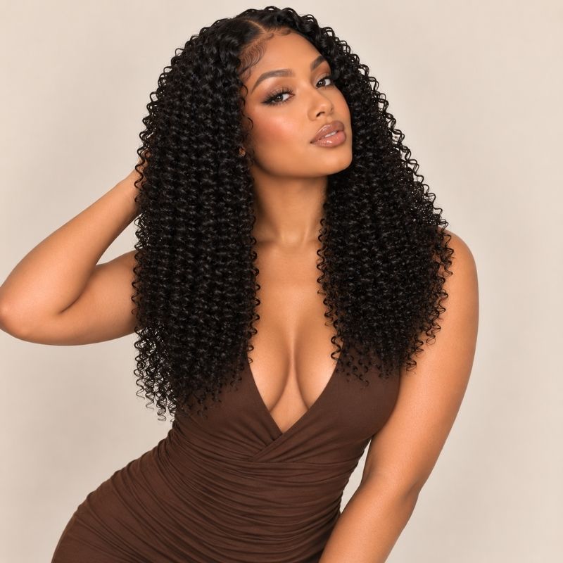 Model wearing a Jerry curl sew-in made from the three bundle deal