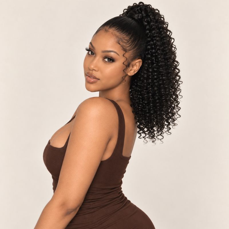 Model wearing a Jerry curl ponytail extension, shown from another angle