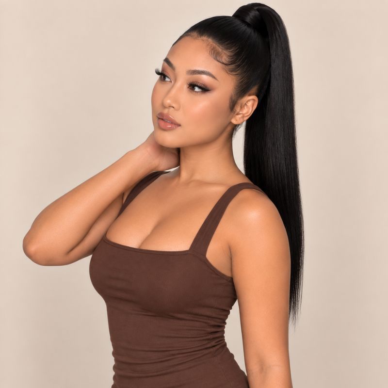 Model wearing a jet black ponytail extension, shown from another angle