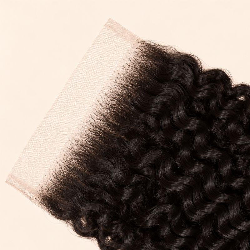 Close-up of the HD lace and parting on a kinky curly 7x7 closure