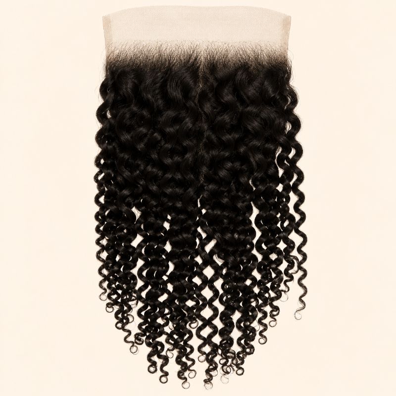 Kinky curly 7x7 HD lace closure in natural black, laid flat showing the full hair length