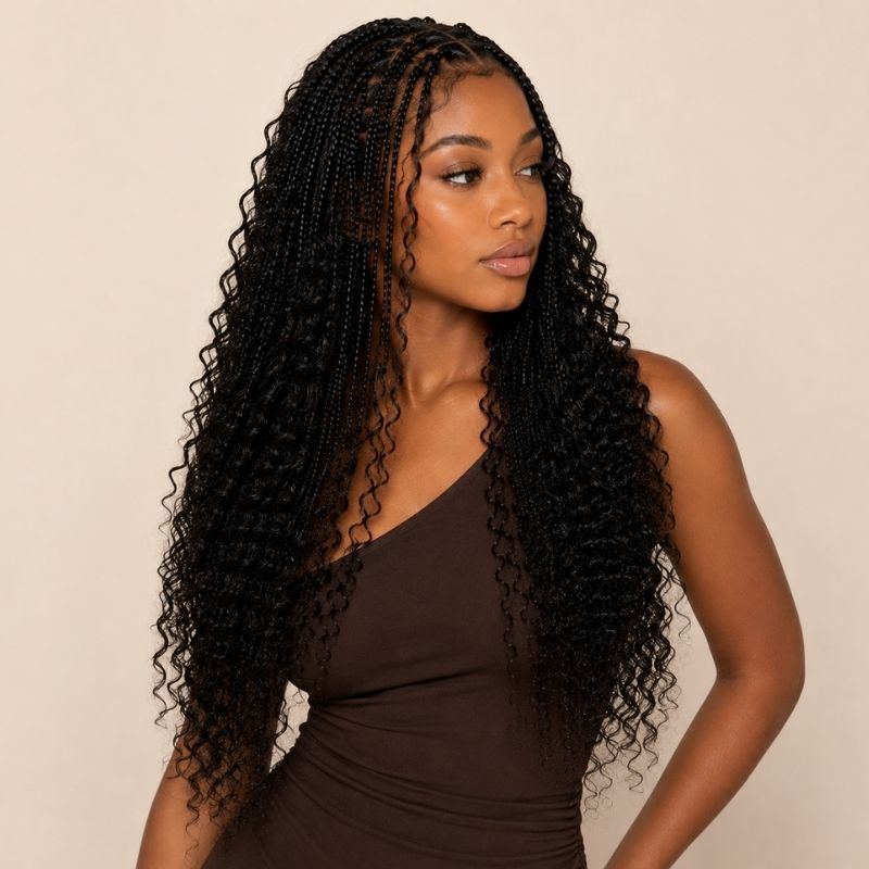 Full length of natural black kinky curly human braiding hair styled on model