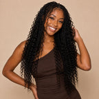 Model wearing natural black kinky curly human braiding hair