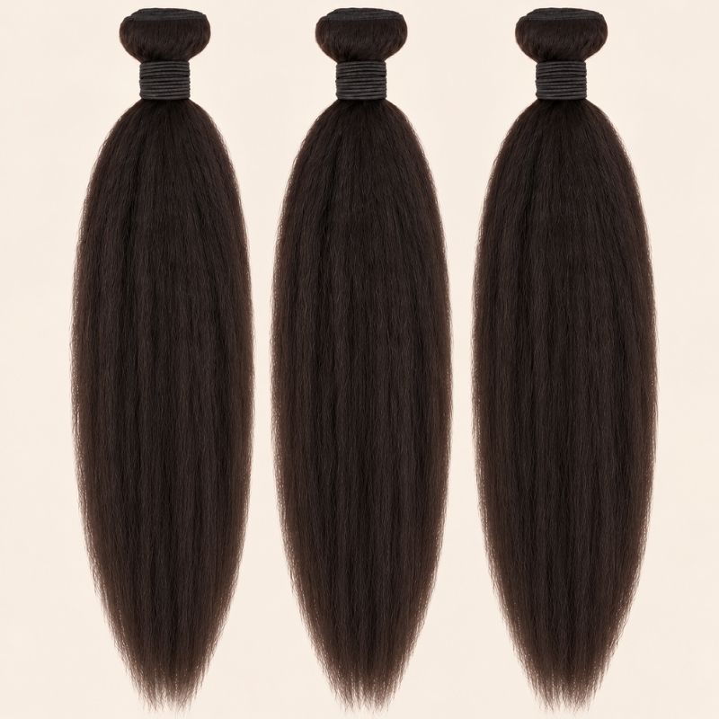 Three kinky straight human hair bundles standing side by side