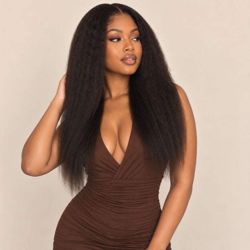 Model wearing a kinky straight sew-in made from the three bundle deal