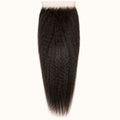 Kinky straight 6x6 HD lace closure in natural black, laid flat showing the full hair length