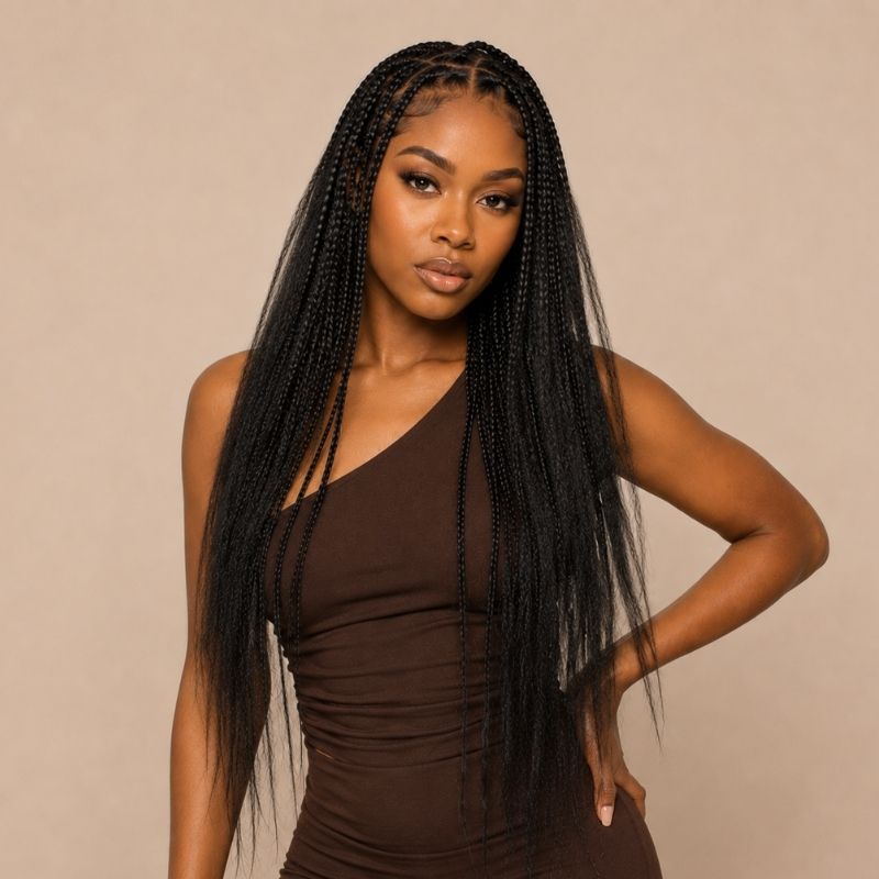 Model wearing natural black kinky straight bulk human braiding hair
