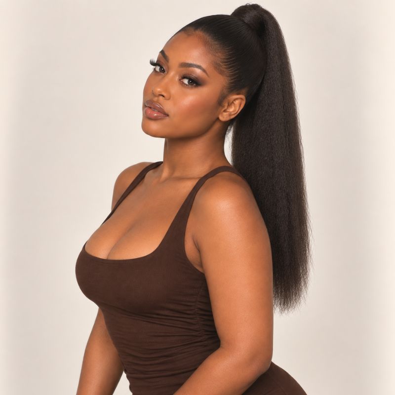 Model wearing a kinky straight ponytail extension, shown from another angle
