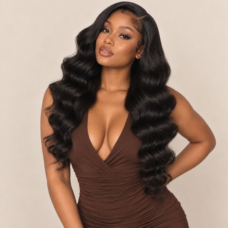 Model wearing a loose wave sew-in made from the three bundle deal