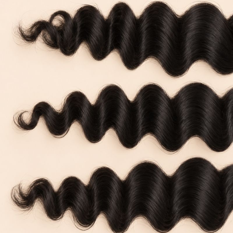 Three loose wave wefts laid flat, showing the staggered lengths