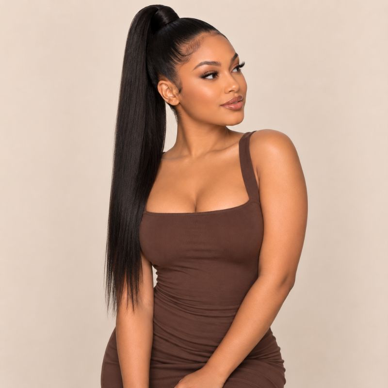 Model wearing a natural black ponytail extension, shown from another angle