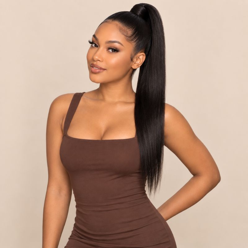 Model wearing a natural black ponytail extension