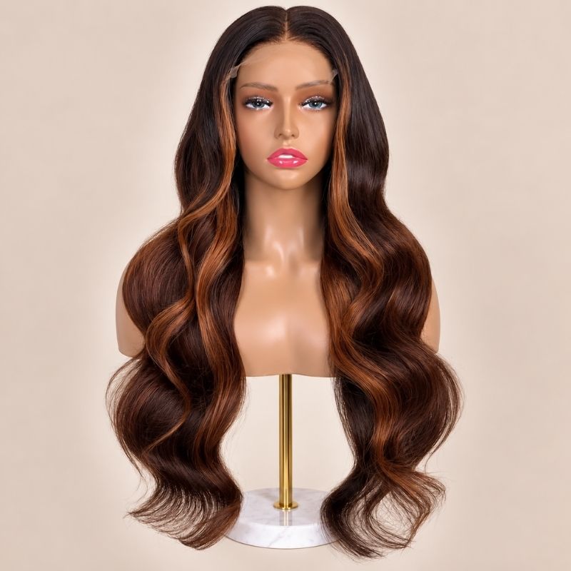 The Nutmeg glueless 5x5 HD closure wig on a stand, showing the HD lace parting