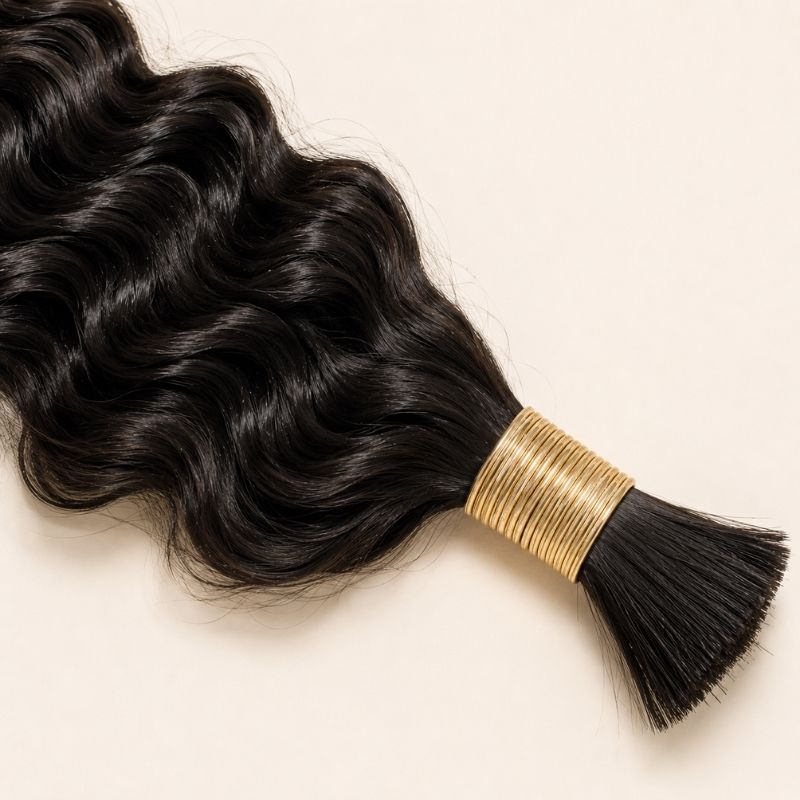 Bundles of natural black ocean wave bulk human braiding hair banded together