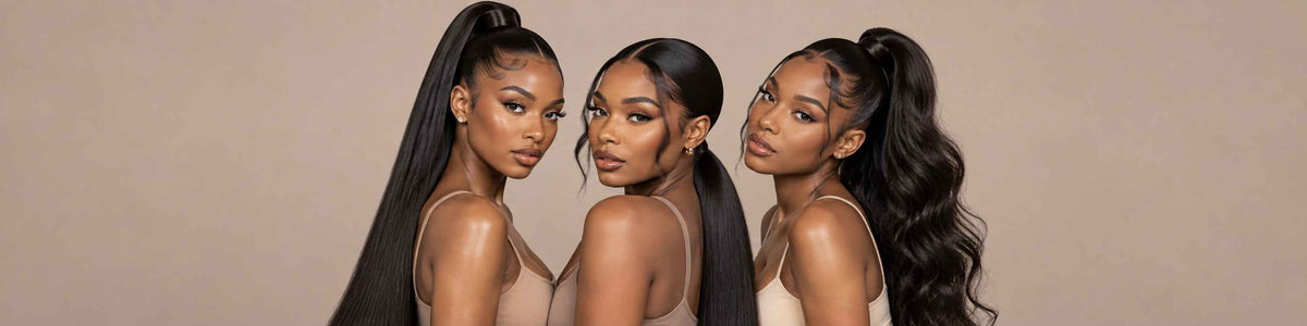 Three women posing together against a solid beige background, showcasing long, high-pile black ponytail hair extensions or wigs styled in different high ponytail looks.