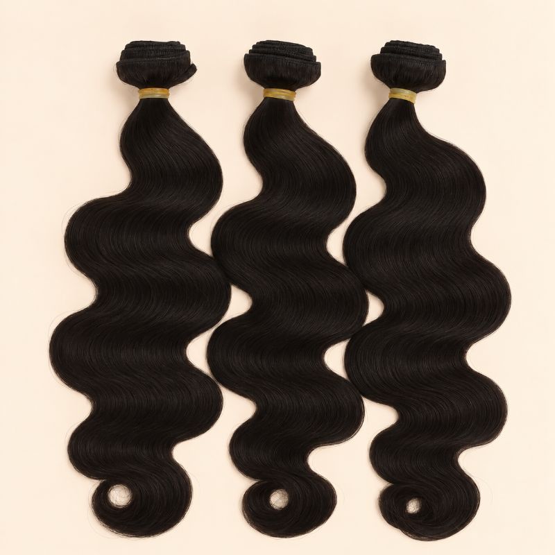 Three raw body wave human hair bundles standing side by side