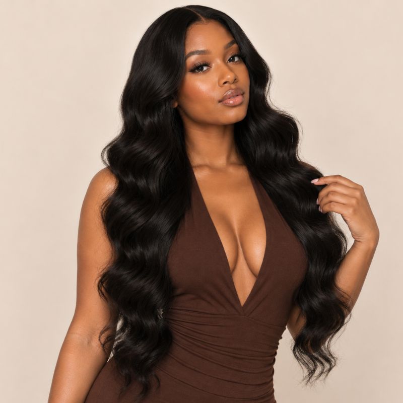 Model wearing raw body wave human hair bundles, shown from another angle