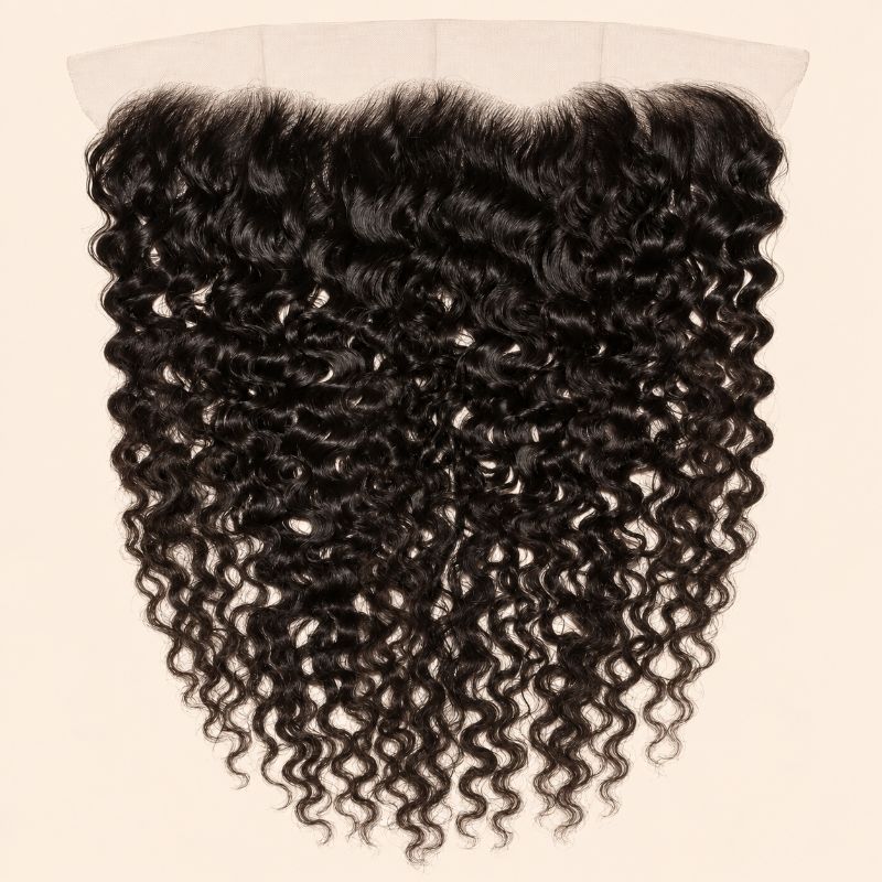 Raw Burmese curly 13x4 HD lace frontal in natural black, laid flat showing the full ear-to-ear lace