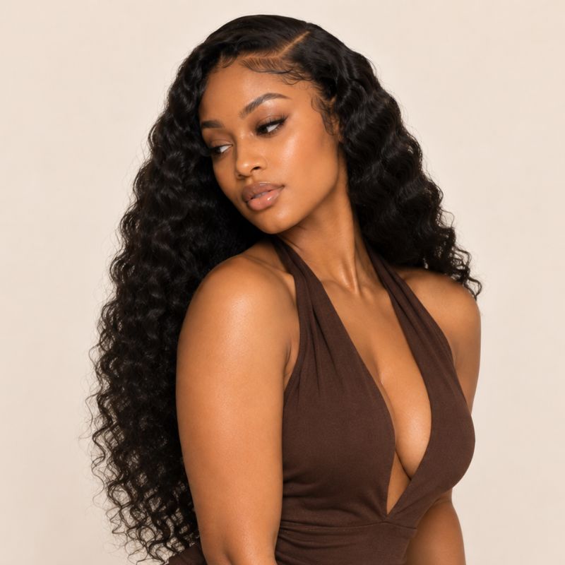 Model wearing raw Burmese curly human hair bundles, shown from another angle
