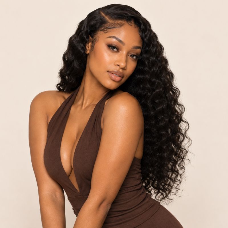 Model wearing raw Burmese curly human hair bundles installed in a sew-in