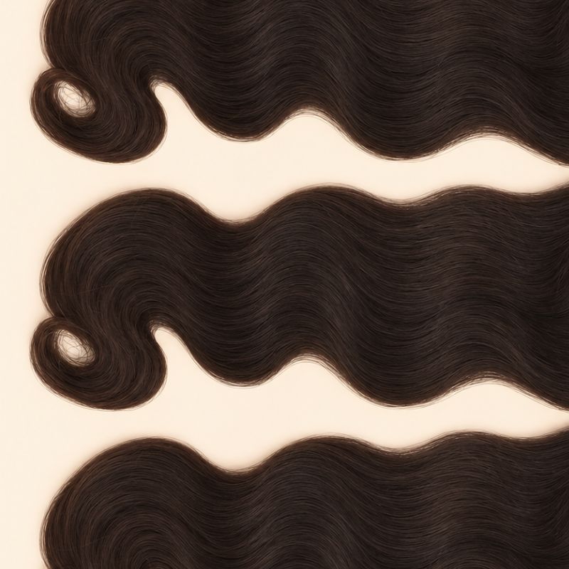 Three raw Indian wavy wefts laid flat, showing the staggered lengths