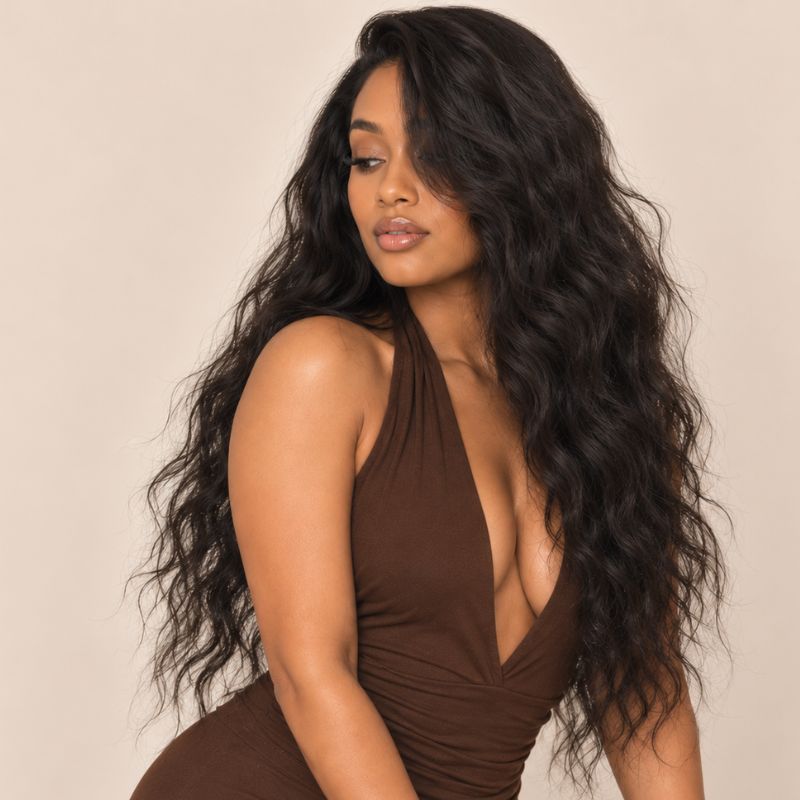 Model wearing raw Indian wavy human hair bundles, shown from another angle