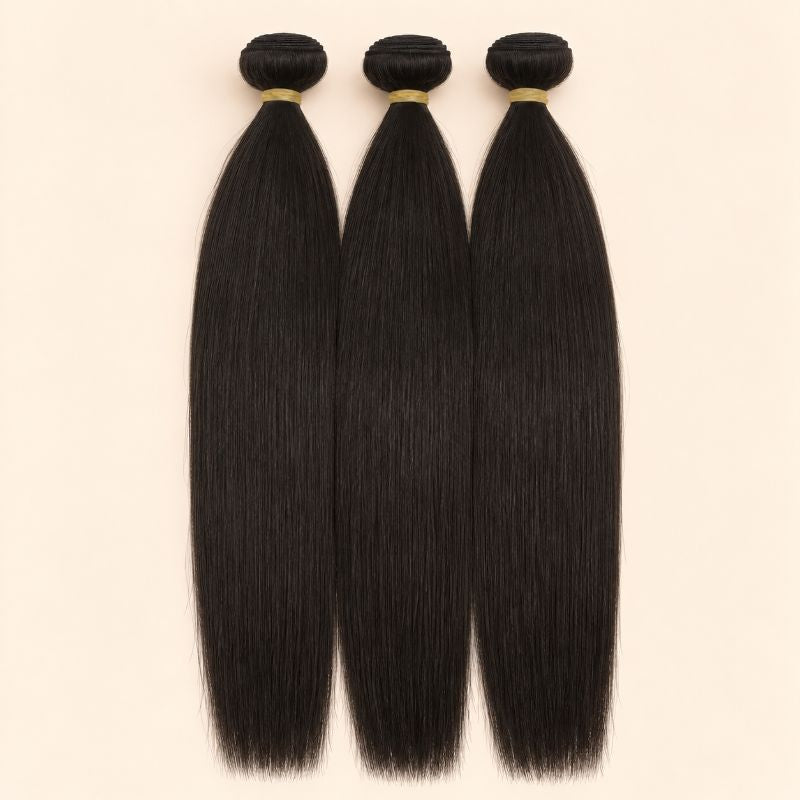Three raw straight human hair bundles standing side by side