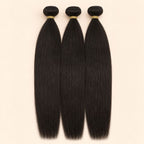 Three raw straight human hair bundles standing side by side