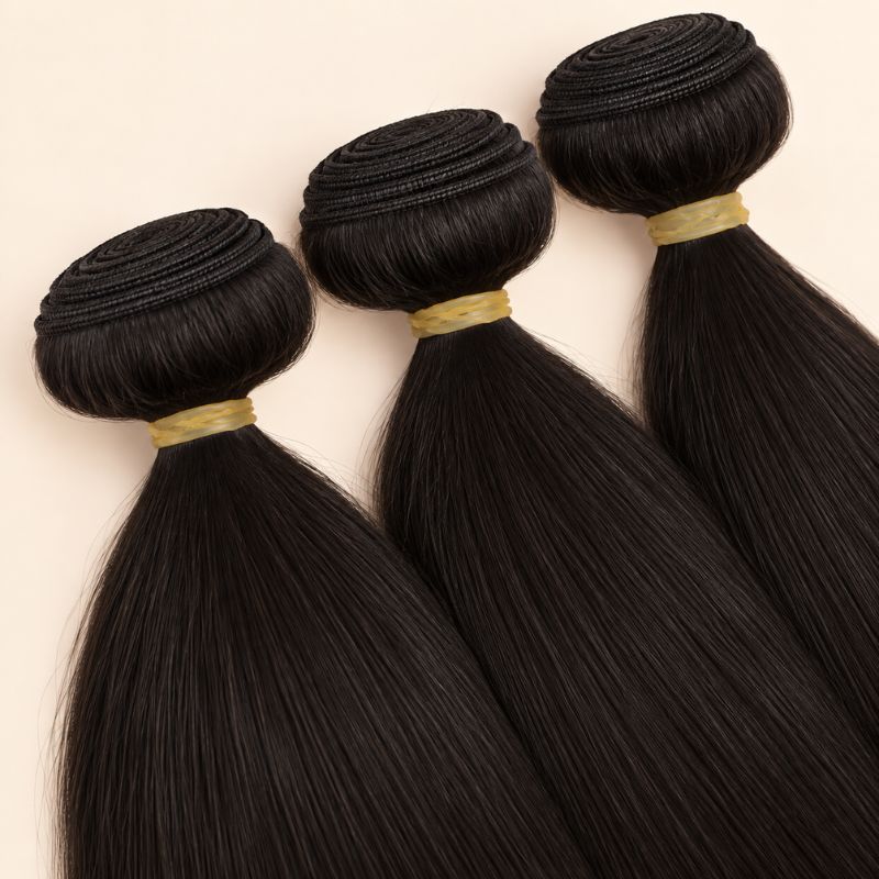Three raw straight bundles angled to show the machine-sewn wefts
