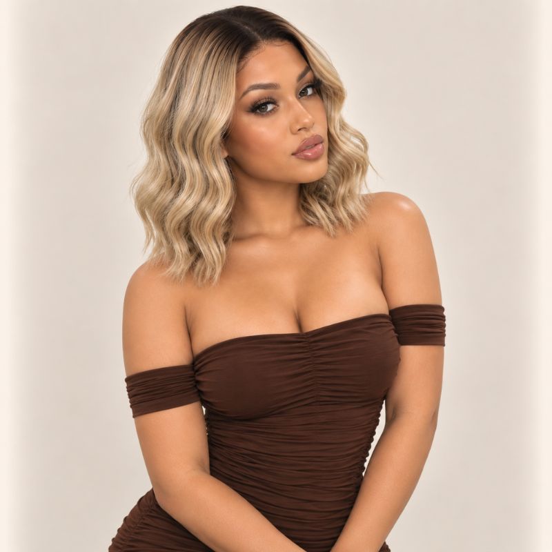 Model wearing a golden blonde raw wavy bob wig, shown from another angle