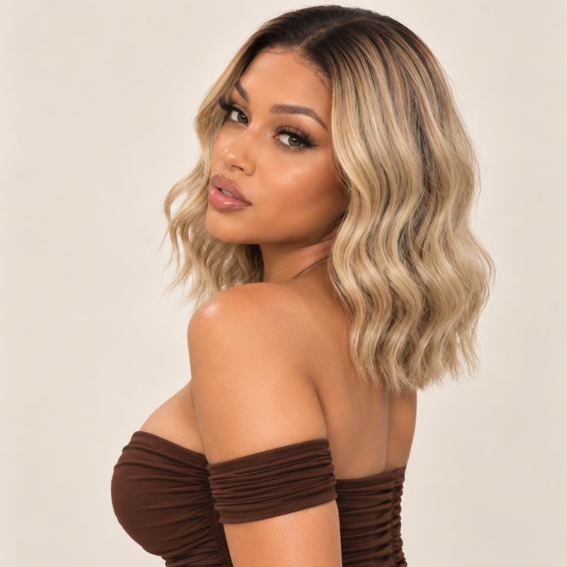 Model wearing a golden blonde raw wavy bob wig