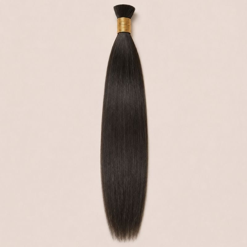 Full length of natural black silky straight human braiding hair styled on model