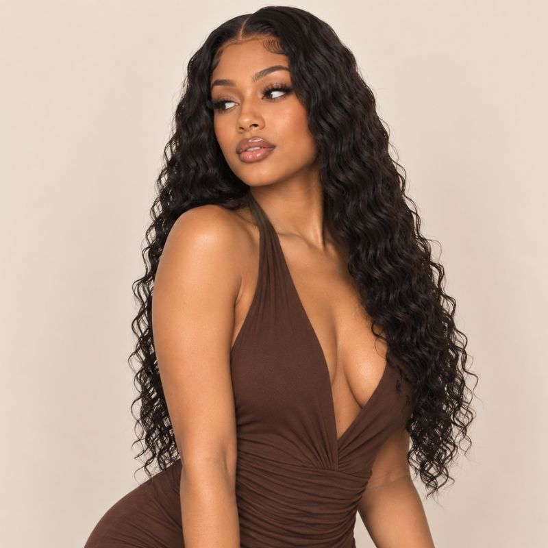 Model wearing a Spanish wave sew-in made from the three bundle deal