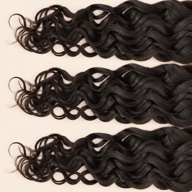 Three Spanish wave wefts laid flat, showing the staggered lengths