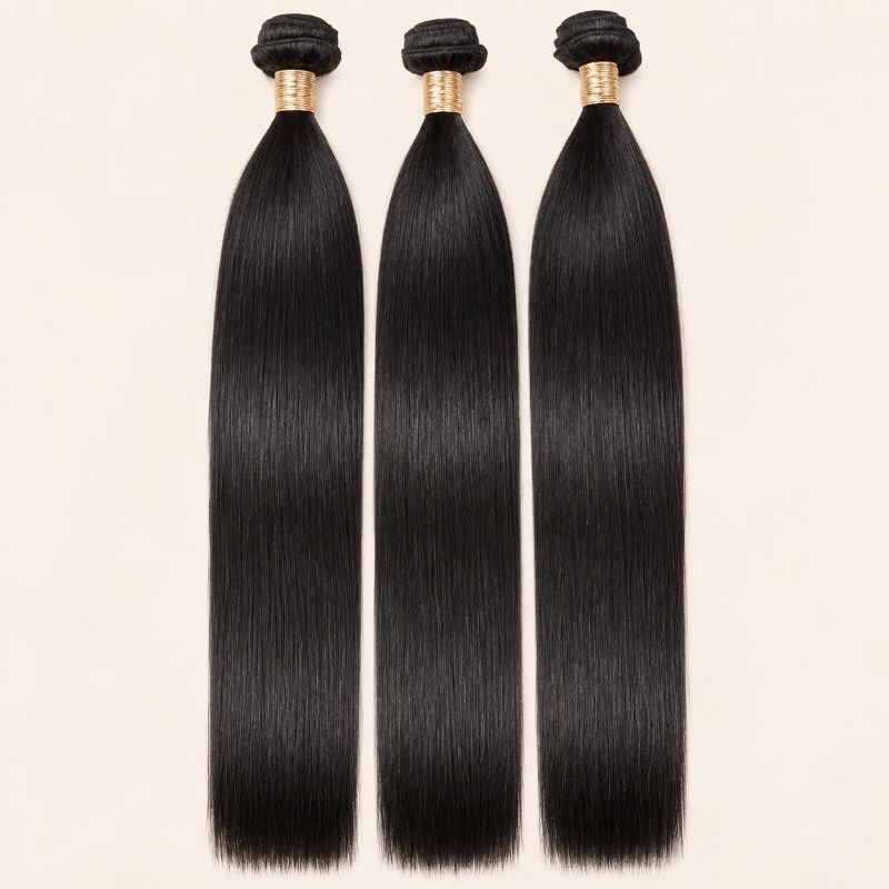 Three straight human hair bundles standing side by side
