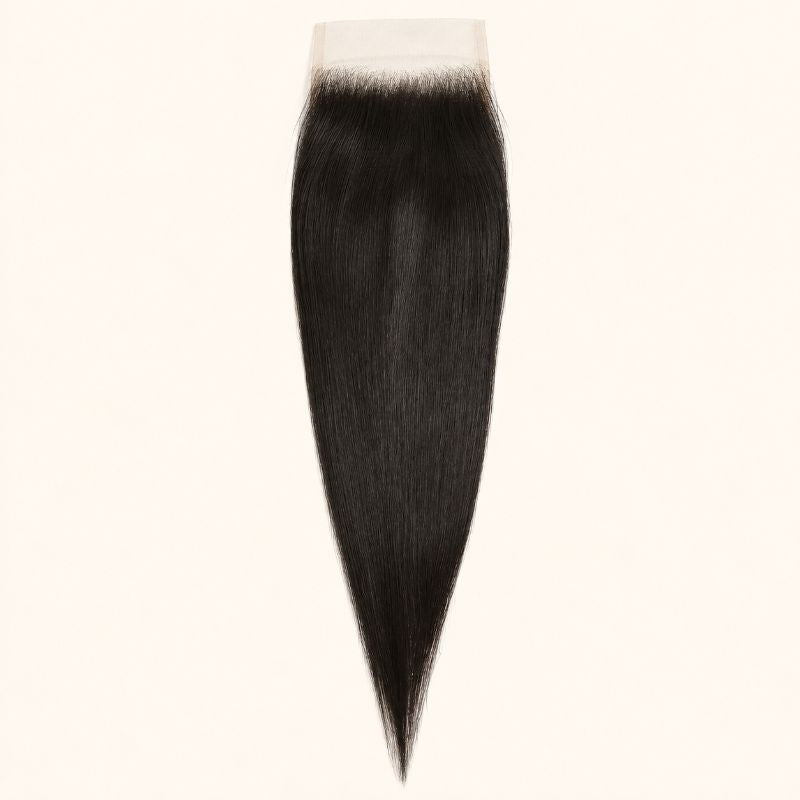 Straight 6x6 HD lace closure in natural black, laid flat showing the full hair length