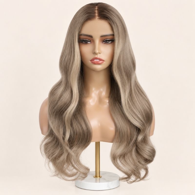 The Toasted Wheat glueless 5x5 HD closure wig on a stand, showing the HD lace parting